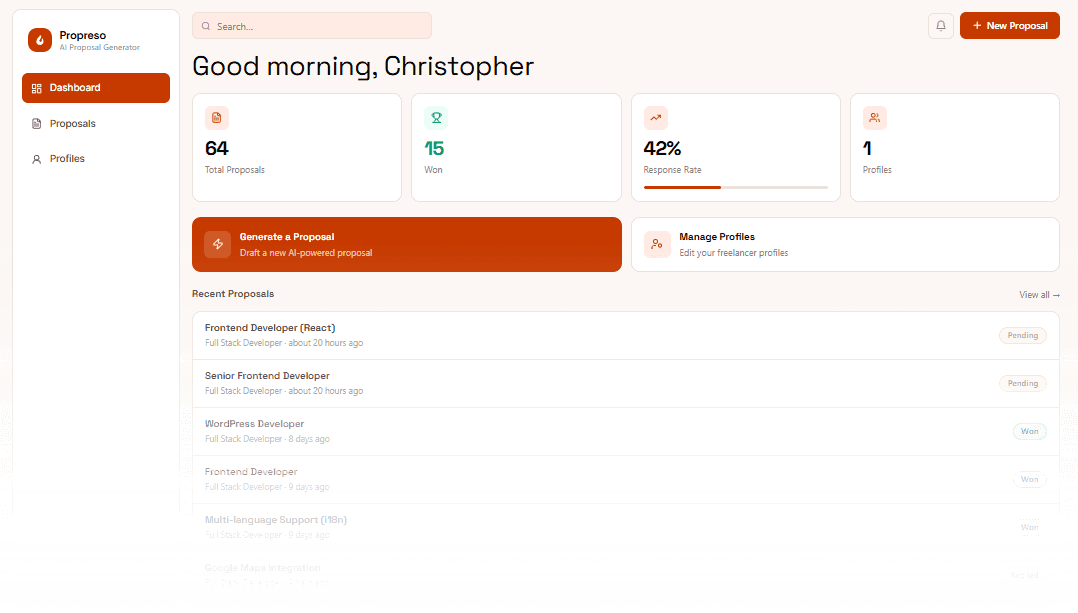 Propreso dashboard — write and send proposals in seconds